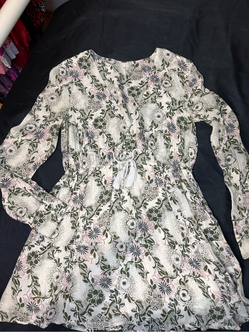 Free People Pink & Olive Floral Tie-Waist Dress